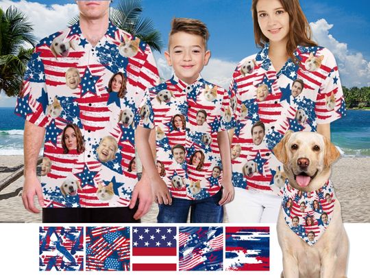 Custom Independence Day Shirt, Personalized Face man women kid Hawaiian Shirt, America Flag Hawaiian Shirt