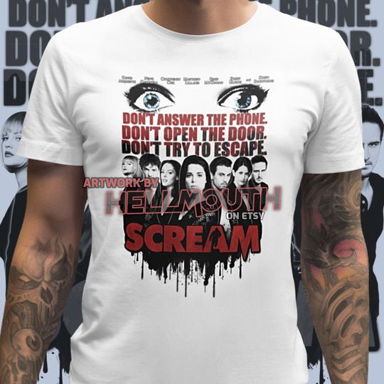Scream 1996 - White T-shirt. Sidney prescott, Billy Loomis, Gale Weathers, Dewey Riley, Tatum