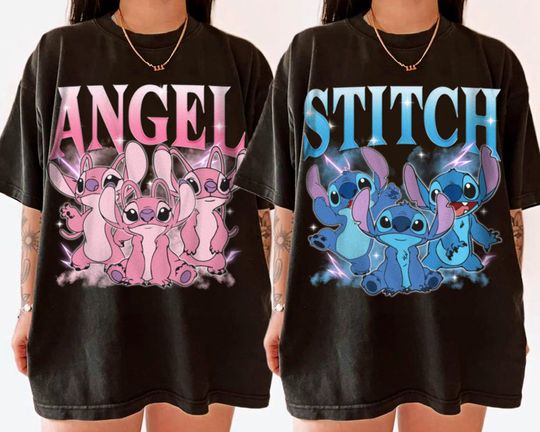 Couple Stitch Shirt Funny Tee, Angel Princess Tees, Vintage Graphic T-shirt Family 2024 Trip Gifts