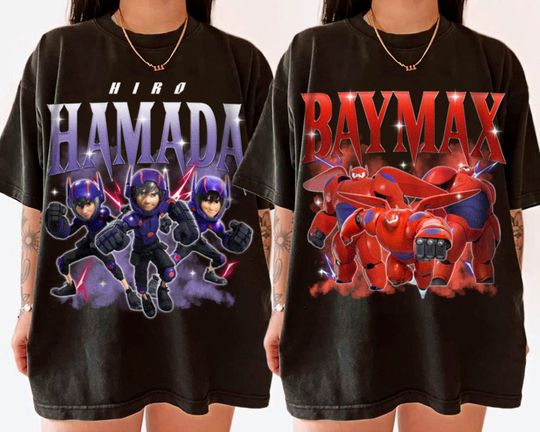 Couple Hiro Hamada and Baymax Shirt Funny Tee, Big Hero Tees, Vintage Graphic T-shirt Family 2024 Trip Gifts