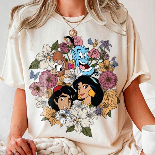 Aladdin and Genie Jasmine Abu Team Spring Floral Flower Garden Shirt Funny Tee, 2024 Family Trip Boys Tees, Vintage Graphic T-shirt