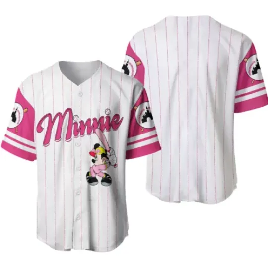 Minnie Mouse Baseball Jersey Button Down Shirt, Minnie Cartoon Baseball Jersey