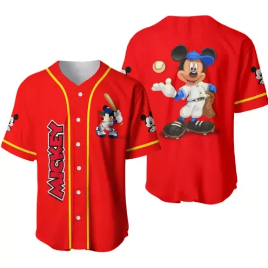 Mickey Mouse Baseball Jersey Button Down Shirt, Mickey Cartoon Baseball Jersey