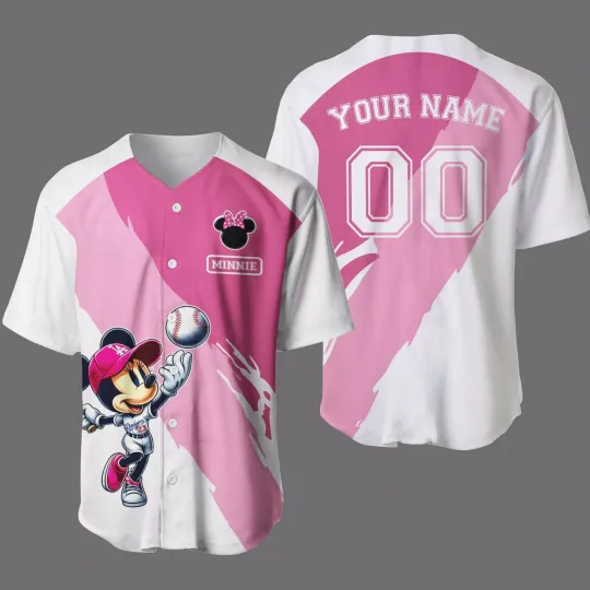 Personalized Minnie Mouse Baseball Jersey Button Down Shirt Adult