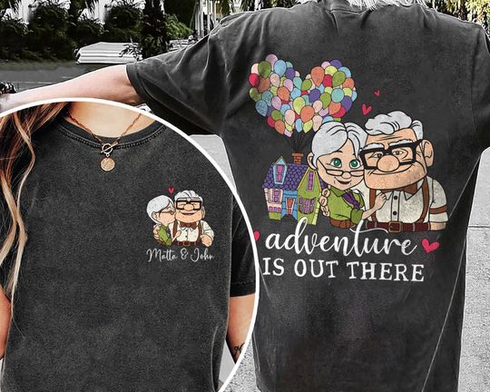 Customize Name Wife Husband Up Carl Ellie Tee, Adventure Is Out There Balloon House Shirt, 2024 Family Trip T-shirt