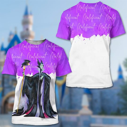 Maleficent Villian Purple Watercolor Glitter Graphics Cartoon 3D Tshirt, Sleeping Beauty Villian Character Unisex All Over Print T-shirt