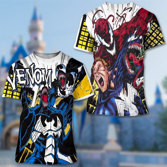 Venom And Carnage Fighting 3D Shirt, Venom Spiderman Villain Comic Character All Over Print Shirt, Comic Fan 3D Tee