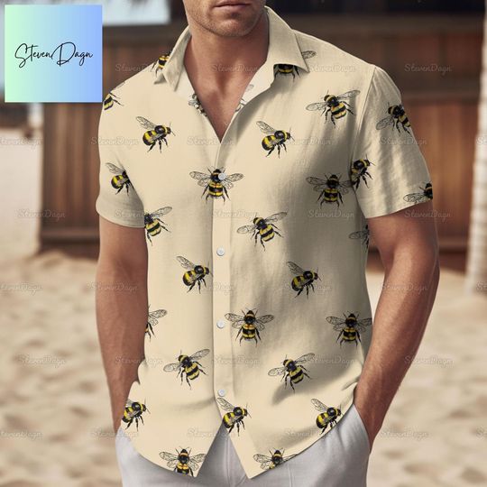 Bee Button Shirt, Bee Hawaiian Shirt, Bee Summer Shirt, Bee Shirt, Bee Beach Shirt