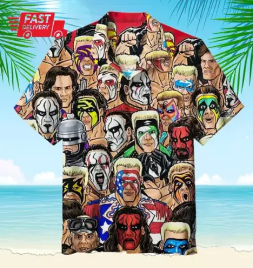 Wrestling Character Collage Art Hawaiian Shirt, Short Sleeve Hawaii Shirt