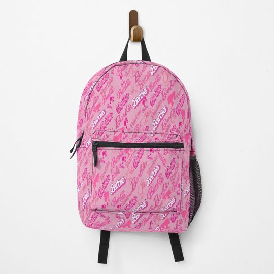 All Barbie Logo Collage With Pink Hearts Pattern - Pink Background Backpack