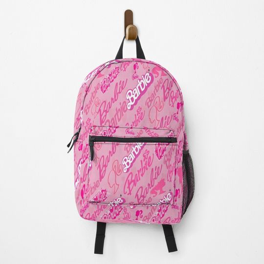 All Barbie Logo Collage With Pink Hearts Pattern - Pink Background  Backpack