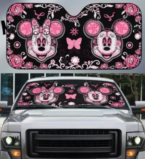 Mickey And Minnie In October We Wear Pink Breast Cancer Car Sun Shade