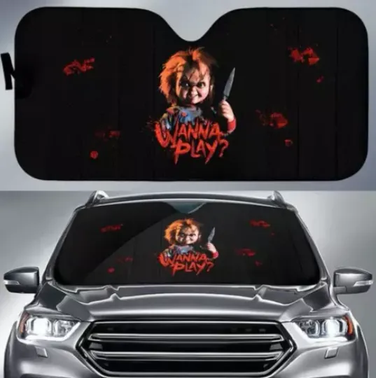 Horror Blood Wanna Play Chucky Doll With Knife Car Sun Shade