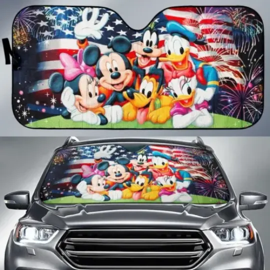 Cartoon Gift Mickey & Friends US Flag Auto Sun Shade