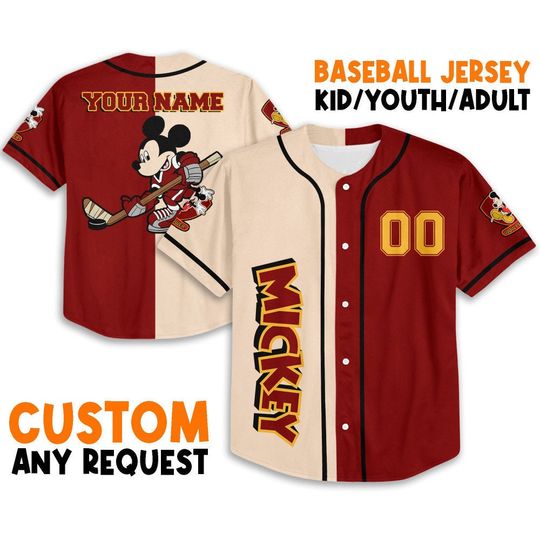 Personalize mickey hockey red Jersey, Disney Baseball Jersey Sports