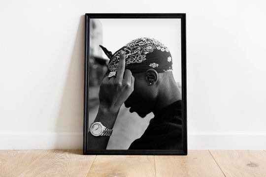 Tupac black and white poster, tupac middle finger photography poster