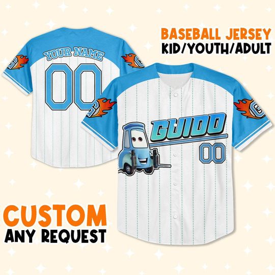 Custom Cars Guido Blue Jersey, Gift for Kids, Disney Birthday Gift, Gift For Baseball Fans