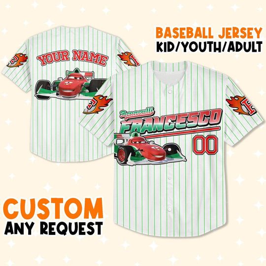 Custom Cars Francesco-redgreen Baseball Jersey, Gift for Kids, Disney Birthday Gift