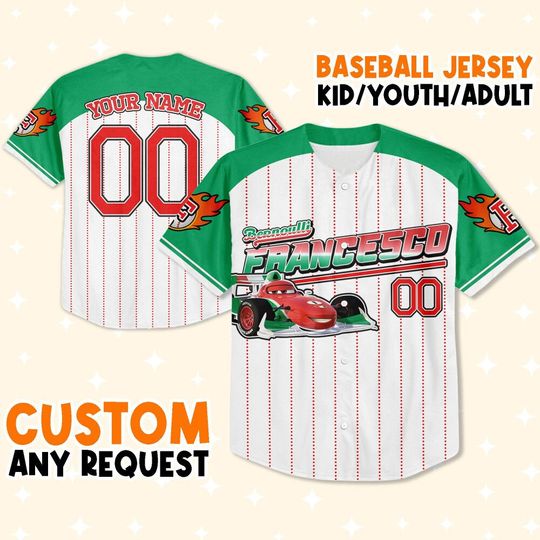 Custom Cars Francesco Green Baseball Jersey, Gift for Kids, Disney Birthday Gift