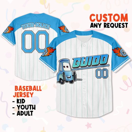 Custom Guido Blue Jersey, Custom Text Baseball Jersey, Lightning Mcqueen Jerse