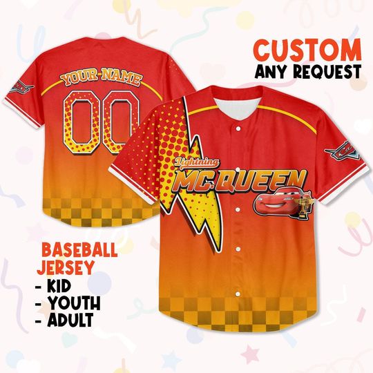 Custom Cars Lightning McQueen Red Bolt, Custom Baseball Shirt, Animation Jersey Shirt