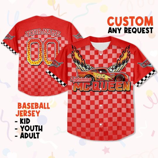 Custom Cars Lightning McQueen Red Goal, Custom Baseball Shirt, Cars Cartoon Gift