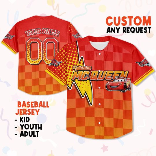 Custom Cars Lightning McQueen Red Mix Baseball Jersey Shirt, Animation Jersey Shirt
