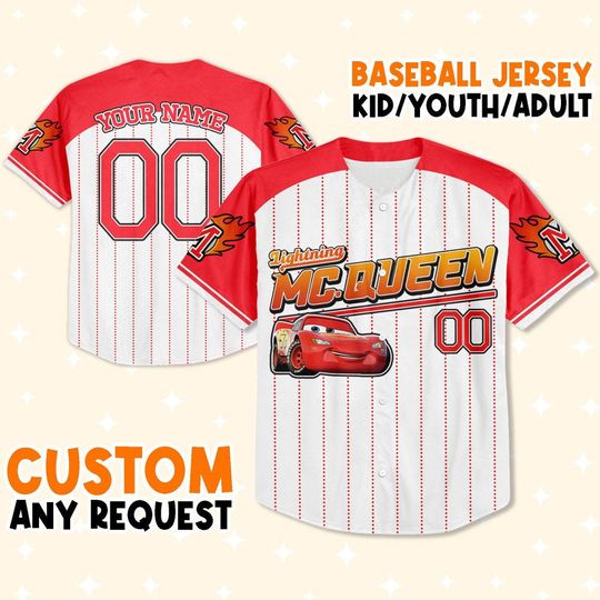 Custom Cars Mcqueen Red , Custom Text Baseball Jersey, Lightning Mcqueen Jersey