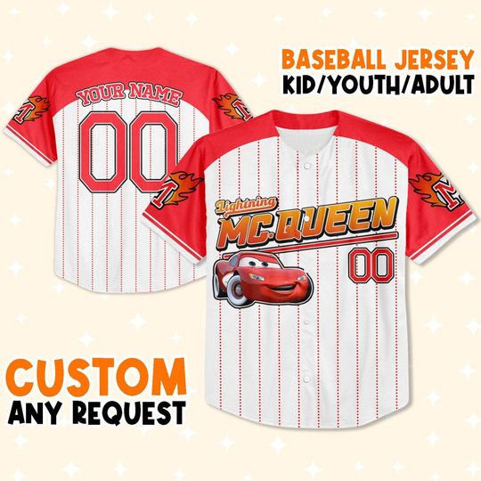 Custom Cars Mcqueen Red Cool , Custom Text Baseball Jersey, Lightning Mcqueen Jersey