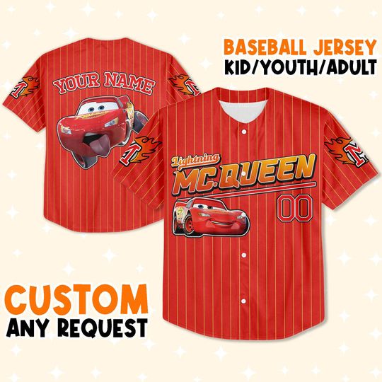 Custom MC Queen Red Yellow Custom Text Baseball Jersey, Lightning Mcqueen Jersey