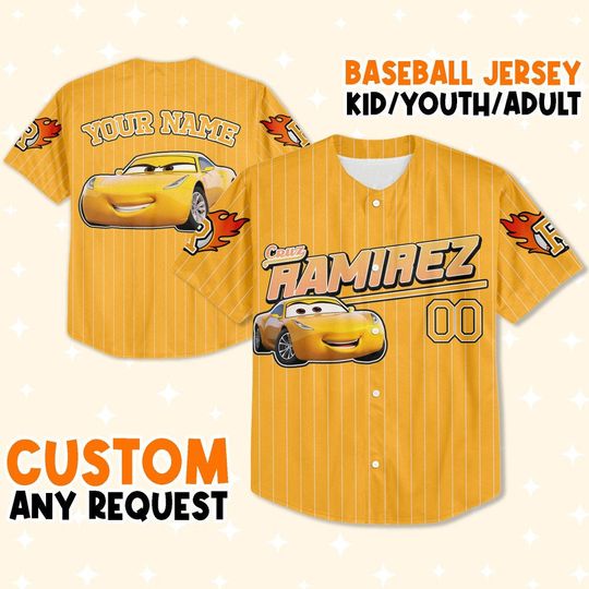 Custom Ramirez Yellow, Custom Text Baseball Jersey, Lightning Mcqueen Baseball Jersey