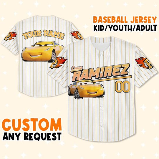 Custom Cars Ramirez Yellow, Custom Text Baseball Jersey, Lightning Mcqueen Jersey