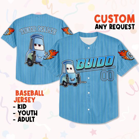 Custom Guido Blue Jersey, Baseball Jersey, Lightning Mcqueen Jersey