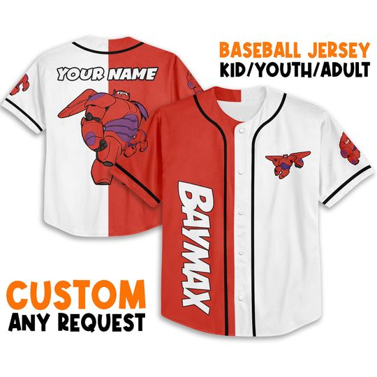 Personalize baymax red Jersey, Gift for Kids, Disney Birthday Gift, Gift For Baseball Fans