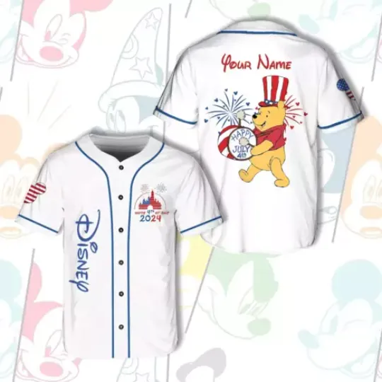 Personalized Pooh Bear USA Patriotic Happy 4th Of July 3D Baseball Jersey Shirt