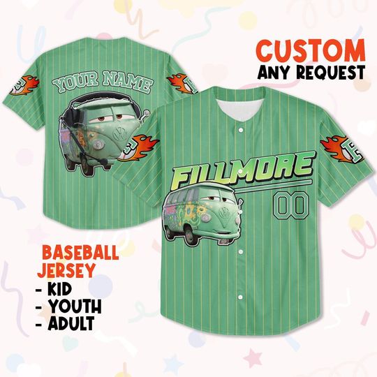 Custom Fillmore Green Jersey, Baseball Jersey, Lightning Mcqueen Jersey