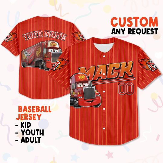 Custom Mack Red Jersey, Baseball Jersey, Lightning Mcqueen Jersey, Gift for Kids