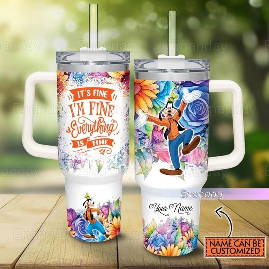 Goofy Tumbler 40oz, Custom It's Fine I'm Fine Tumbler, Goofy Colorful Flower Pattern Tumbler