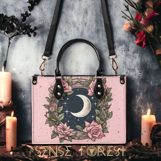 Kawaii goth Boho Cottagecore Pink Rose moon star Leather Handbag
