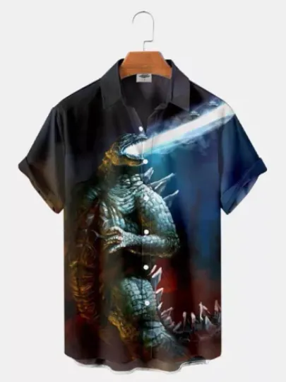 Classic Horror Monster Movie god zilla 3D Print Buttoned Hawaiian Shirt
