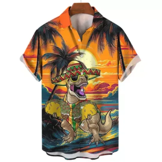 Big Sale!!! Funny Hawaiian 3d Printed Cartoon Dinosaur Short Sleeved Shirt
