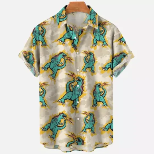 Angry god zilla Fire Cartoon Pattern Art Print Unisex Button Hawaiian Shirt