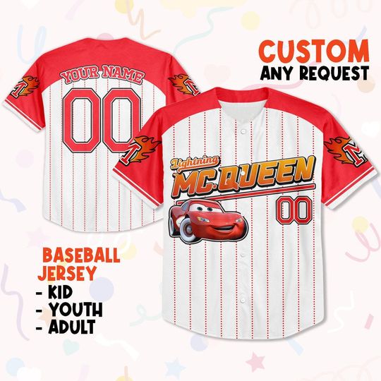 Custom Mcqueen Red Cool, Custom Disney Cars Lightning Mcqueen Baseball Jersey Shirt