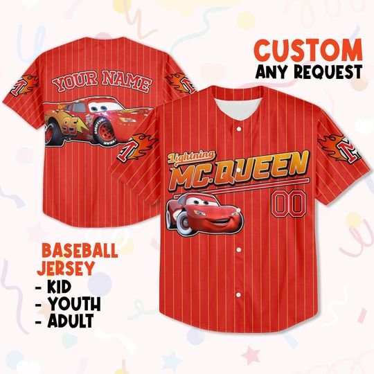 Custom MC Queen Red, Baseball Jersey, Lightning Mcqueen Baseball Jersey Shirt