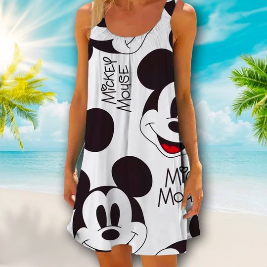 Happy Mouse Head Beach Dress, Magic World Beach Dress, Mouse Mom Dress, Mouse Head Dress, Cartoon AOP Sleeveless Beach Dresses