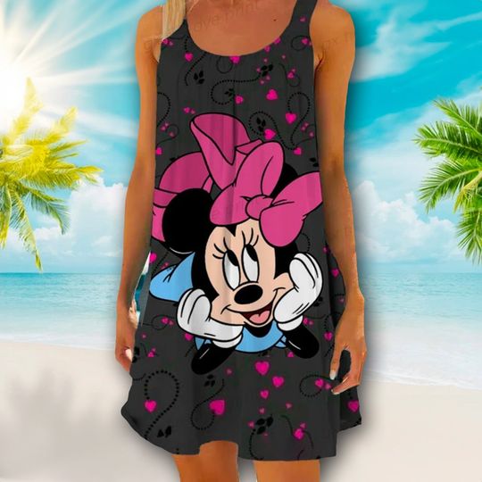 Mouse With Hearts Beach Dress, Magic World Beach Dress, Cute Mouse Movie Mom Dress, Cartoon Movie AOP Sleeveless Beach Dresses