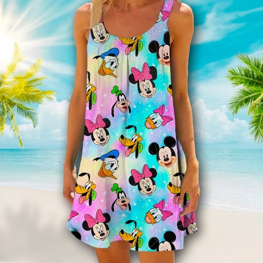Mouse And Friends Head Beach Dress, Characters Beach Dress, Mouse Movie Mom Dress, Cartoon Movie AOP Sleeveless Beach Dresses