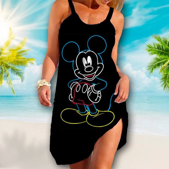 Funny Mouse Beach Dress, Mouse Movie Beach Dress, Mouse Mom Dress, Mouse Dress, Cartoon Movie AOP Sleeveless Beach Dresses