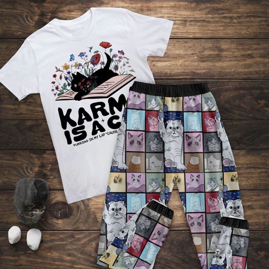 Karma Is A Cat Pajamas Set, Taylor Family Pajamas, Eras Tour Pajamas Set