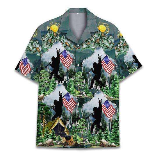Bigfoot Forest American Flag Hawaiian Shirts for Men Women, Bigfoot Patriotic Shirts